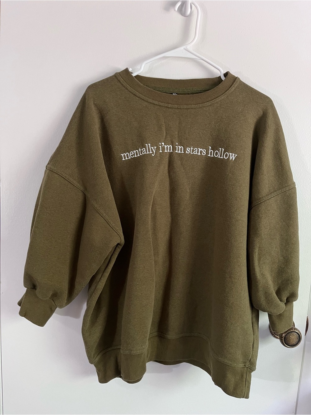 Olive Green Autumn Graphic Crewneck Sweatshirt “Mentally I'm In Stars Hollow” XL